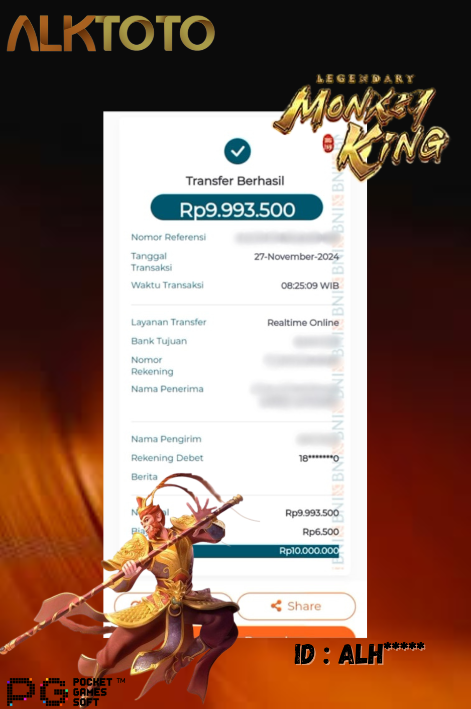 ALKTOTO WIN GAME PGSOFT - LEGENDARY MONKEY KING Rp. 10.000.000,- LUNAS